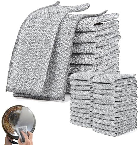 ICHOWHO 30Pack Non-Scratch Scourers Dish Cloths Double Layer Wire Cleaning Cloths Reusable Dish Towels for Kitchen Washing Up Dishes Pots Sinks Counters Windows Glass, 20x20 cm