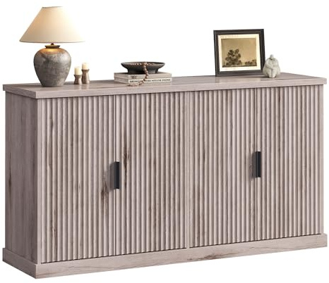 VASAGLE MAXE Collection - Buffet Cabinet, Fluted Console Cabinet, Sideboard with Adjustable Shelves, Mid Century Modern Buffet Table, 15.8 x 58.3 x 31.5 Inches, Washed Gray UBBK382G01S