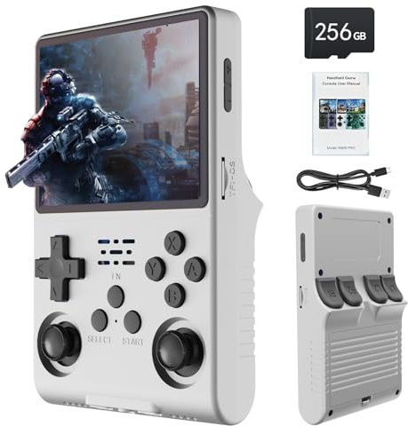 Consola de Juegos portátil R40S, 30.000 Juegos Retro en 1 Consola de Juegos con Sistema de código Abierto Linux, Tarjeta TF de 256 GB, Pantalla IPS de 3,5» y batería de 3.800 mAh (Blanco)
