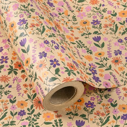 RUSPEPA Kraft-Geschenkpapierrolle mit Blumenmotiv – Mini-Rolle – 43,2 cm x 10 m – Vintage-Blumen-Geschenkpapier, perfekt für Hochzeiten, Geburtstage, Brautpartys und Teepartys