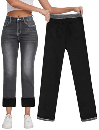 2025 Thermal Women's Fleece Lined Jeans Women High Waisted Straight Leg Jeans Winter Fleece Lined Jean Pants (Blue, XL)