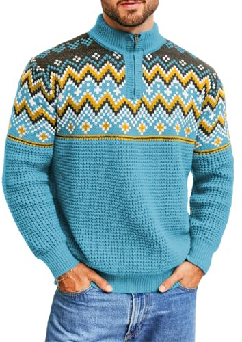ChiaoLezhee Men's Quarter Zip Fair Isle Sweater, Pullover Waffle Knitted Stand Collar, Nordic Vintage Long Sleeve Casual Soft Winter Christmas, Peacock Blue, Small