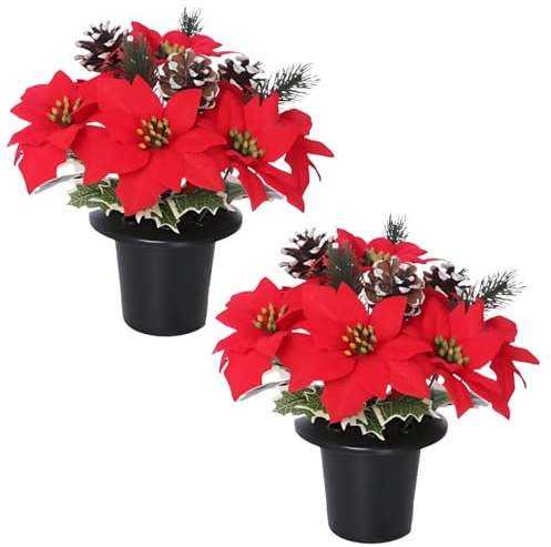 Christmas Artificial Flowers for Graves Pack 2 | Red Poinsettia with Snowy Cone & Variagated Holly | Cemetery Artificial Grave Flower Pots | Durable Grave Pot for Floral Arrangement Decorations
