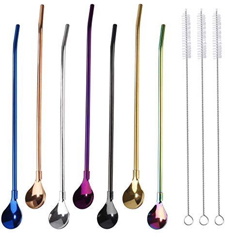 MengH-SHOP Strohhalme Löffel Wiederverwendbare Edelstahl Trinkhalme Löffel 2 in 1 Metall Löffel-Strohhalme Geeignet für Smoothies Milchshakes Cocktail Kaffee mit 3 Reinigungsbürsten 7 Stück