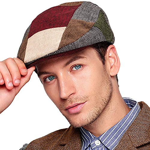 Herringbone Flat Ivy Newsboy - Gorra clásica de mezcla de lana para hombre, sombrero de taxista, Patchwork 02 con ala roja, Large/X-Large