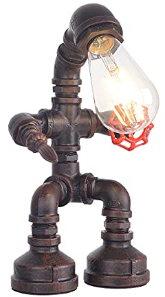 Kaj Hejmo Water Pipe Table Lamp Robot Style- Retro Industrial Steampunk Rustic Table Light- Vintage Farmhouse Desk Lamp for Bedroom,Office, Bedside, Nightstand, Baror or Shop (Rust-Style A)