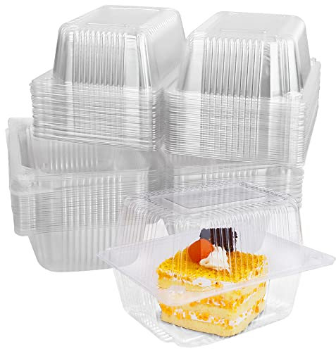 BOJVESH 60Pcs Cake Slice Boxes, 14 x 10.5cm Clear Plastic Clamshell Food Square Boxes with Lids, Reusable Single Hinged Dessert Cheesecake Containers for Cake Portions Salads Hamburger Sandwiches