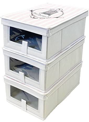 Total Wardrobe Care 3x Shoe Storgae Box, Shoe Organiser, Storage Solution, Foldable, Each Shoe Box: 13 x 22.5 x 34.5cm (Pink)