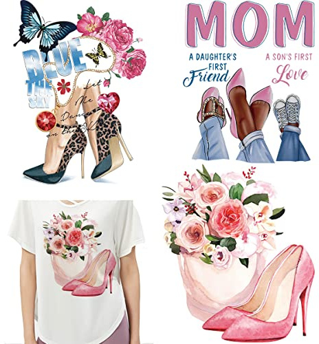 Flower Iron on Decals Patches Mother’s Day Iron on Transfers Sticker Floral High Heels Butterfly Design Washable Hot Heat Transfer Vinyl Stickers T-Shirt Backpacks Families Clothing DIY Applique