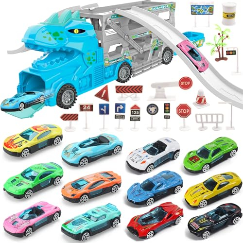 TEUVO Dinosaurios Camiones Juguetes para Niños 2-7 Años, Parking Garaje Transporte Camión Dino Juego 5 Coches Regalo para Cumpleaños Navidad