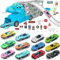 TEUVO Dinosaurios Camiones Juguetes Coches para Niños 2 3 4 5 6 7 Años, Parking Coches Garaje Transporte Camion Dinosaurios Juguetes Dino Juego 5 Cars Coches Dino Regalo para Cumpleaños Navidad