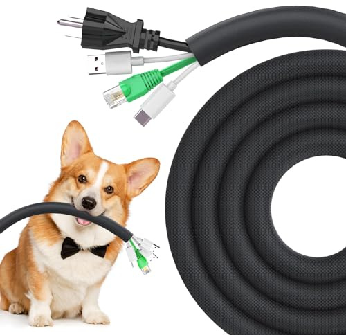 UOMTFAI Dog Cat Cord Protector 10ft - 1/2inch, Flexible Cable Sleeve for Easy Cord Management, Protects Cables from Pets Chewing, Ideal for USB, Power, Audio and Video Cords - Black