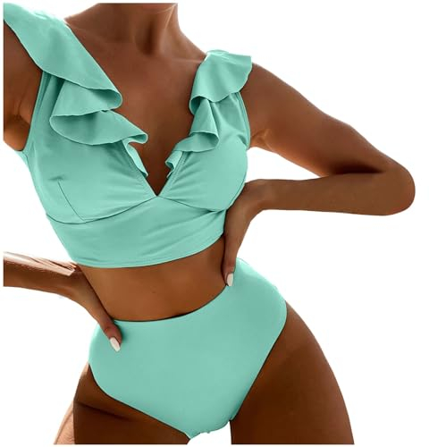 Neuer mehrfarbiger, gerüschter, geteilter Badeanzug mit V-Ausschnitt hoher Taille, geteilter Bikini für Damen Fliegeruhr (Mint Green, L)