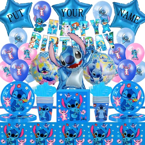 Stitc Geburtstagsdeko, Lil und Stitc Geburtstag Deko, Stitc Luftballon, Geburtstagsparty-Dekorationen,Teller, Becher, Servietten,Tischdecken, Foil Balloons für Kinder Geeignet(Blau)