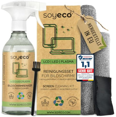 SOYECO ECO Bildschirmreiniger Set 500ml mit 2X Mikrofasertücher & Pinsel - für eine umfassende Gerätepflege - Fernseh Displays (LCD, LED, OLED, QLED, TFT), Handy, Laptop sowie Tastatur, PC & uvm.