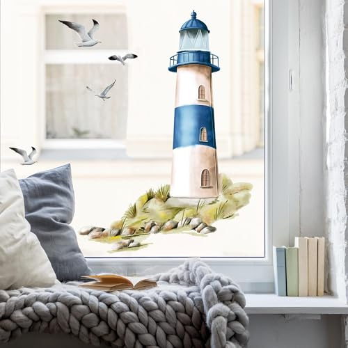 Wandtattoo Loft Fensterbild mit blauem Leuchtturm wiederverwendbar A3 Bogen, Fensteraufkleber Leuchtfeuer maritim blau Ostsee Nordsee Meer Urlaub Fensterdeko Küche Fenstersticker Möwen Warnemünde