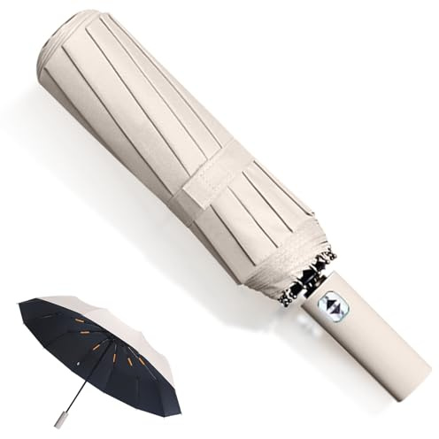 MPXEAVG Grand Parapluie, Parapluie Pliant Solide à 60 Baleines, Parapluie Automatique, Ouverture et Fermeture Automatiques (Beige)