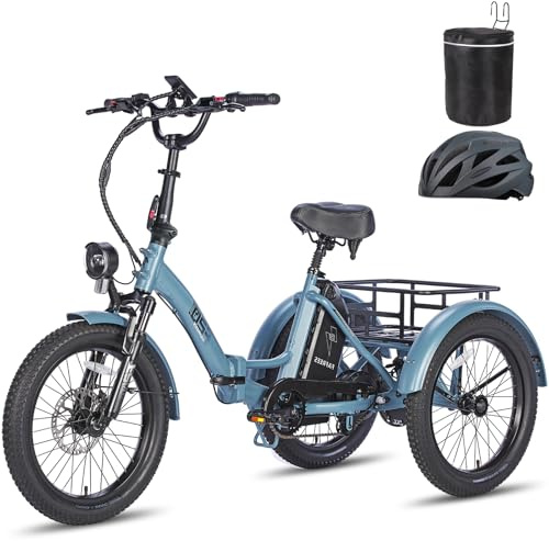 Fafrees Triciclo Elettrica F20 Mate Bici Elettrica Pieghevole per Adulti Batteria Rimovibile 48V18.2Ah Ebike, Bicicletta Elettrica a 3 Ruote 20×3.0, Borsa Anteriore, Blu, Cestino Posteriore Piccolo
