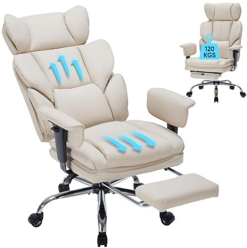 Chefsessel mit hoher Rückenlehne, Bürostuhl Ergonomischer mit Verstellbaren Armlehnen, Katzenkratzleder Bürostühle mit Fußstütze und Verstellbaren Armlehnen, Drehstuhl mit 120KG Belastbarkeit, Beige