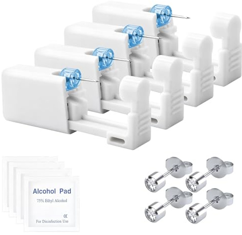 Gripiti Ear Piercing Gun Kit, 4 Pcs Painless Self Ear Piercing Kit Disposable Safety Piercing Gun Asepsis Earring Ear Nose Piercing Gun Kit Tool with 4 Silver Ear Studs for Girls Women Men