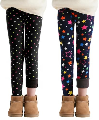JinBei termoleggings flickor fleecefodrade vintertermoleggings tryckta tjockare varma barnleggings 2-pack mjuka termobyxor bekväma elastiska midjeband, långa byxor, storlek 104-158, Stjärnor och