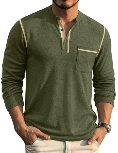 COOFANDY Henley-skjorta, herr, långärmad t-shirt med knappslå långärmad tröja | 3-knappslist, med fickor, räfflad hals, mikrofleece-tyg, vardag, fritid, arbete, gå ut, hemma