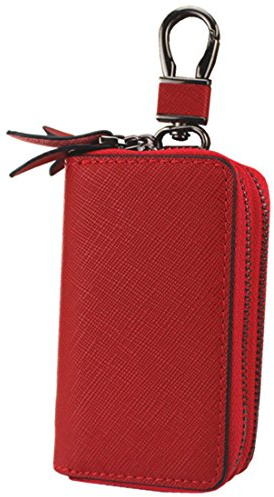 Esdrem - Custodia con doppia cerniera, in vera pelle, unisex, da utilizzare come portamonete o portachiavi della macchina Red Large