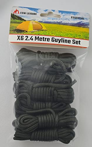 ESW LEISURE Guyline Ropes 6 Pack For Tents Awning Camping Strong Lightweight Paracord Guy Rope With Tensioner Guy Lines Fishing Umbrella Shelter Caravan Gazebo Tarp (Olive Green, 2.4 Metre 6 Pack)