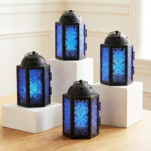Vela lyktor mini små dekorativa marockanska ljuslykthållare, för heminredning, uteplats, bröllop, kobolt, 4-pack