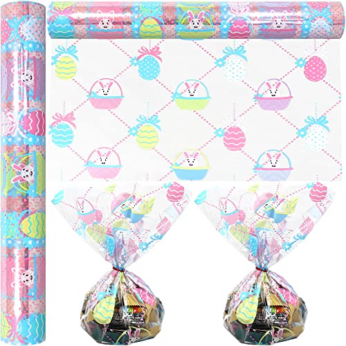 AnapoliZ Rotolo di cellophane pasquale | 3 m di lunghezza x 40,6 cm di larghezza, 2,3 mm di spessore, trasparente, design di carta da regalo per dolcetti, cesti, regali, coniglietti e uova
