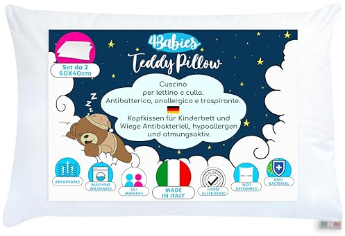 4BABIES - Uppsättning av 2 barnkudde 40x60, babykuddar från 1 år, andas, antiallergiska med foder 100% italiensk bomull, kvalstersäker - Maskintvättbar 30°C - Made in Italy