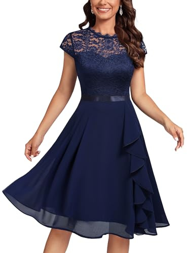 MIUSOL Women's Vintage Lace Contrast Chiffon Ruffles Classy Party Flared Swing Dress (X-Large, B-Navy Blue)