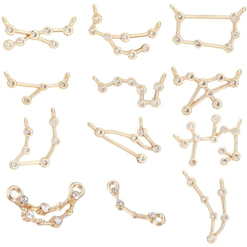 PH PandaHall 12pcs Golden 12 Constellations Links, 18K Gold Plated Brass Zodiac Sign Linking Charms Pendant Connectors Horoscope Sign Link for DIY Necklace Bracelet Jewelry Crafts Making