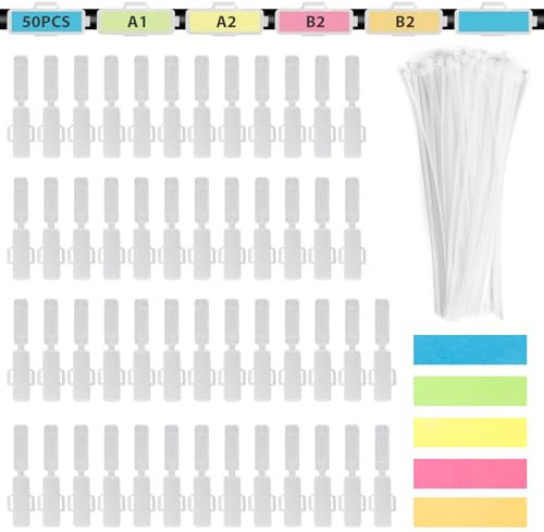 50 Pcs Nylon Kabelbinder Weiß Set mit Drahtetiketten und Haftnotiz, Kabelmarkierer für 10mm Breite Drähte/Kabel
