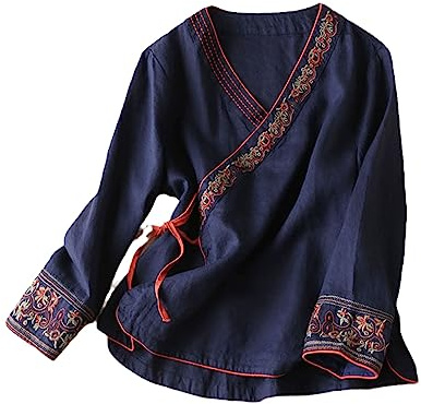 ZMIN Camicetta da donna in stile cinese primavera/autunno, in cotone e lino, con ricamo, vintage, ampia, a maniche lunghe, con scollo a V, top orientale Hanfu, Blu scuro, M