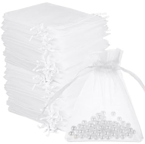 100 Pezzi Bianco DIY Sacchetti Regalo in Organza 7x9cm Gioielli Bustina Natale con Cordino per Bomboniere Comunione Matrimonio Compleanno Regalo