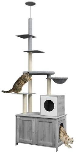 PawHut 2-in-1 Hidden Litter Box with Floor-To-Ceiling Cat Tree, Indoor - Grey
