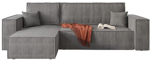 lukmebel - Eck-Sofa mit Schlaffunktion und Bettkasten - Schlafcouch Schlafsofa aus weichem Stoff - Eckcouch Schlafsofa L-Typ Carlos, 244x83x142 cm Grau - Ottomane: 70 cm (Poso 60 - Grau)