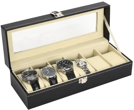 Scatola per orologi da uomo con 6 scomparti, organizer per orologi, scatola con coperchio in vetro, per compleanni, festa del papà, Natale, nero