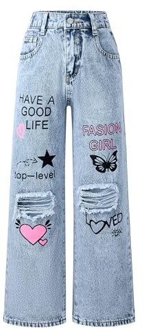 SEAUR Jeans Déchirés pour Filles Taille Haute Denim Jeans élastique Baggy Casual Trousers Stretchy Vintage Pants 150
