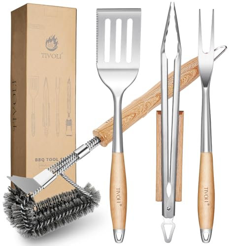 TIVOLI Grillbesteck Set 4-teilig, aus hochwertigem Edelstahl Gefertigt, mit Sicheren Holzgriffen, inklusive Grillzange, Pfannenwender, Grillbürste und Grillgabel – Grill Geschenke für Männer