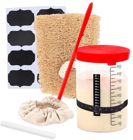Sourdough Starter Jar Kit, 1000ml Glass Round Jar, Sourdough Bread Baking Container with Silicone Scraper, Thermometer Strip, Cloth Cover & Metal Lid, Complete Sourdough Bread Baking Supplies
