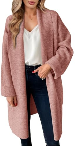 Saodimallsu Chaqueta de Punto para Mujer, cárdigan Largo y Ligero, Oversize, con Frente Abierto, Informal, Monocolor, Abrigo de Punto, otoño e Invierno, Rosa., XL