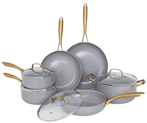 Gr8 Home Grey Gold 10 Piece Induction Non Stick Aluminium Kitchen Cookware Set Casserole Cooking Pot Frying Pan Saucepan with Glass Lids