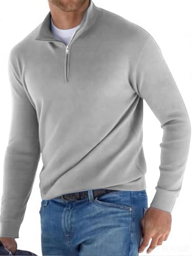 JFAN Maglione Uomo Manica Lunga Maglione Collo Alto con Zip 1/4 Maglioni Classico Uomo Caldo Pullover in Maglia per Autunno e Inverno(Grigio Chiaro,XXL)