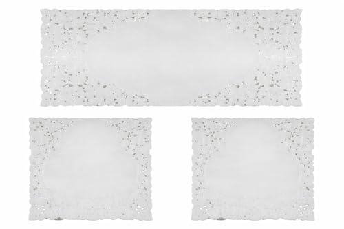 Corredocasa Tris Centrini Ricamati a Mano, Misto Poliestere Set 1 Runner Tavola Rettangolare 40x90 cm e 2 Centri Tavola 30x40 cm Centrini Moderni per Mobili, Cucina, Sala da Pranzo (Disegno 2 Bianco)