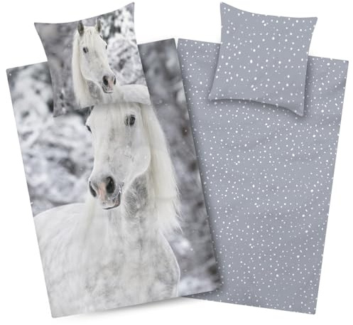 Aminata kids Bettwäsche 135x200 Mädchen Pferd Biber Baumwolle Pferde-Motiv, Reißverschluss warm & kuschelig, Flanell-Winter-Bettwäsche-Set - Wendebettwäsche Pony