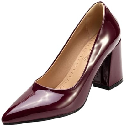 CHICMARK Escarpins à talon bloc - Talon de 8 cm et embout pointu pour femme - Aspect cuir verni au design classique - Confortable pour le bureau et les soirées, bordeaux, 40 EU