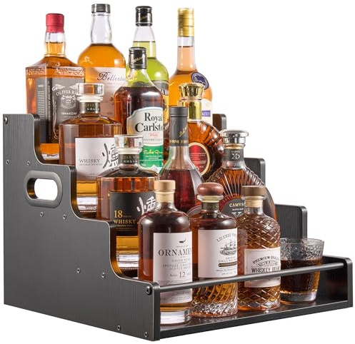YQBRAO 4-Tier Liquor Bottle Display Shelf, Coffee Syrup Rack Organizer, Water Bottle Organizer, Mini Bar Cabinet, Rustic Bar Shelves for Liquor Whiskey, Spirits（Black）