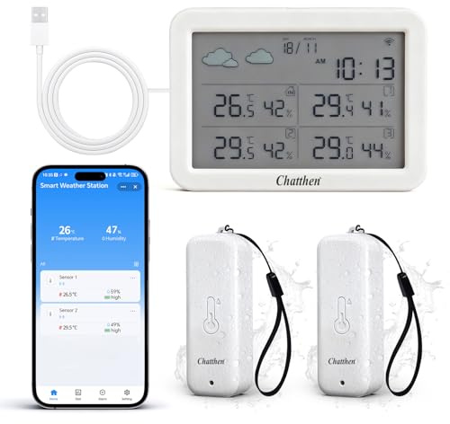 Chatthen Wlan Thermometer und Luftfeuchtigkeitsmesser, Temperature and Humidity Monitoring via Tuya Smart/Smart Life APPs, 130m Range, 2 Wasserdichter Sensors and 1 Wetterstation für Innenräume